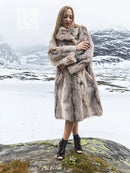 Soft plush fur coat—front view—shawl collar and long sleeves in plush texture (M/L)