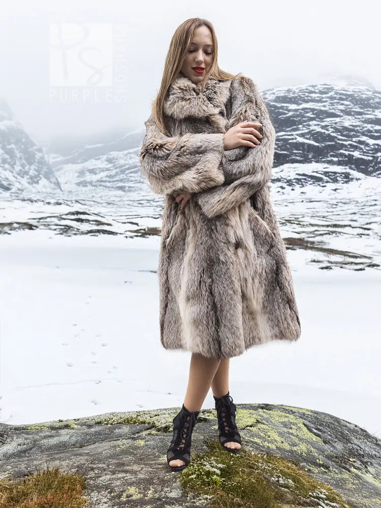 Soft plush fur coat—front view—shawl collar and long sleeves in plush texture (M/L)