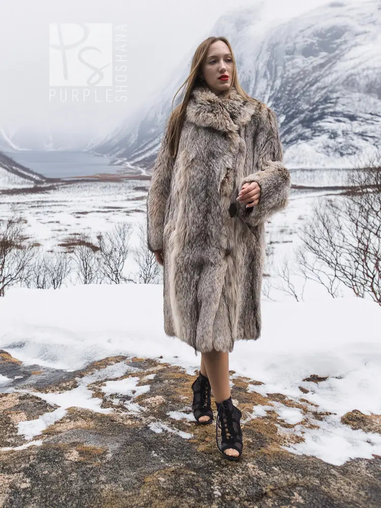 Soft plush fur coat—front view—with large shawl collar and plush long sleeves (M/L)