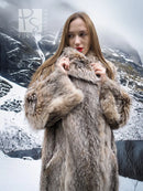 Unisex plush fur coat close-up: shawl collar and textured fur, light taupe/gray