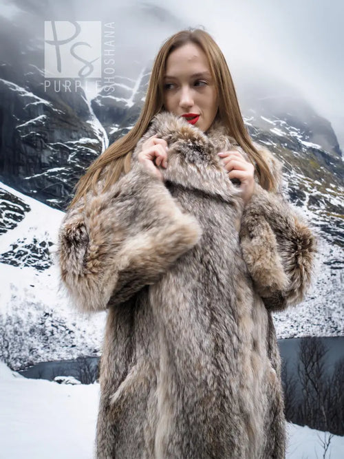 Unisex plush fur coat close-up: shawl collar and textured fur, light taupe/gray