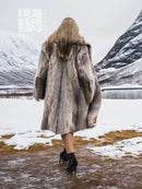 Soft plush fur coat—back view—large shawl collar, knee-length cut, long sleeves (M/L)