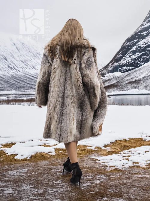 Soft plush fur coat—back view—large shawl collar, knee-length cut, long sleeves (M/L)