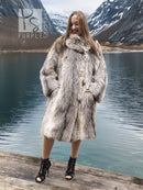 Unisex plush fur coat, shawl collar, light taupe/gray, front view, midi length