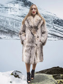 Unisex plush fur coat, shawl collar, beige-brown speckled—front close-up, M/L