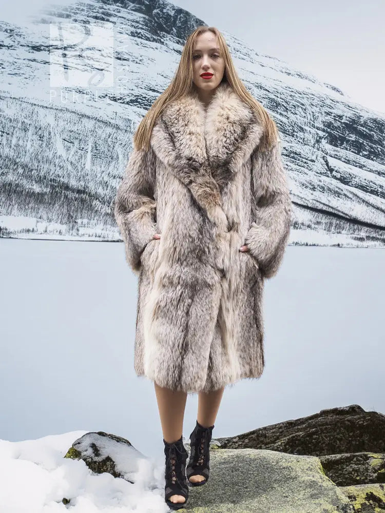 Unisex plush fur coat, shawl collar, beige-brown speckled—front close-up, M/L