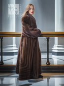 Mahogany mink fur coat with stand collar, three-quarter view and long, tapered sleeves