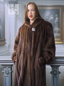 Mahogany brown mink fur coat with pointed collar and textured vertical fur pattern, front.