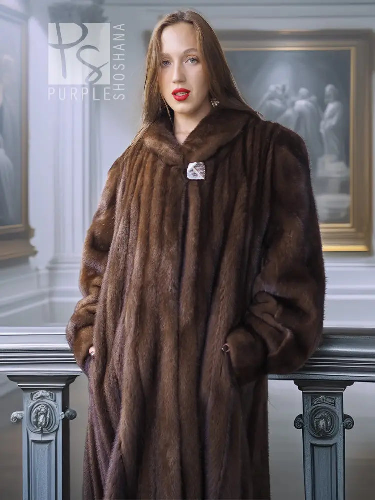 Mahogany brown mink fur coat with pointed collar and textured vertical fur pattern, front.