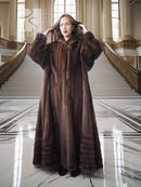 Mahogany mink fur coat with stand collar and wide, voluminous sleeves, full length