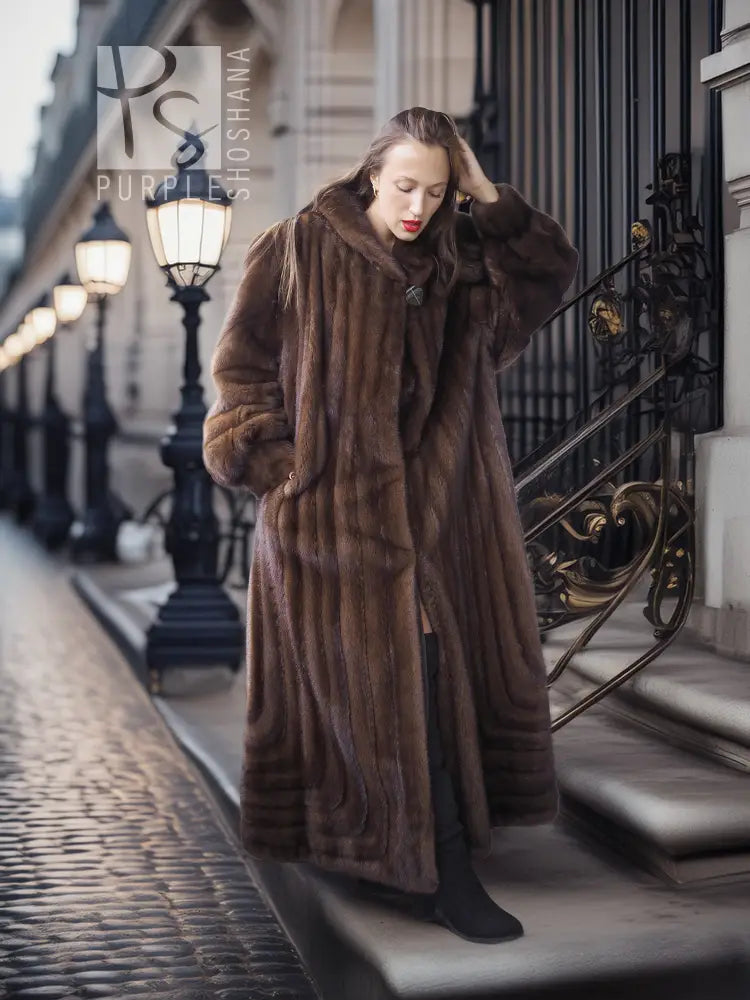 Dark brown mink fur coat with wide collar, walking street-side view
