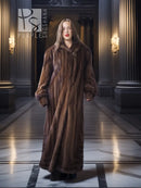 Mahogany mink fur coat with stand collar and long, straight silhouette