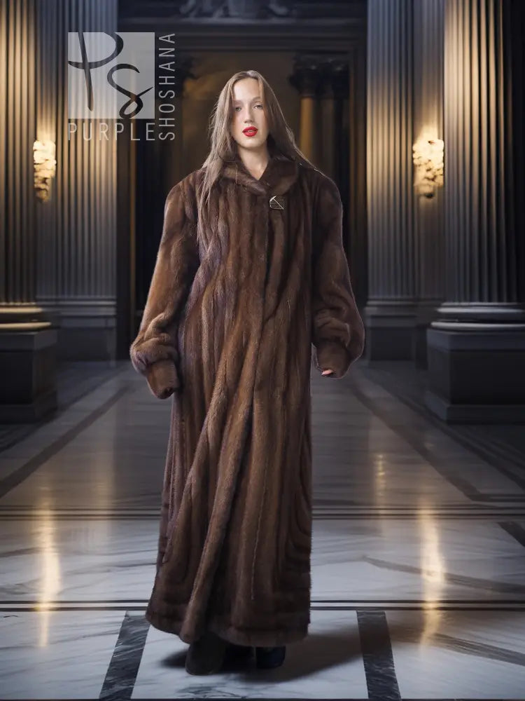 Mahogany mink fur coat with stand collar and long, straight silhouette