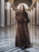 Mahogany mink fur coat front view with stand collar and long, draped shape