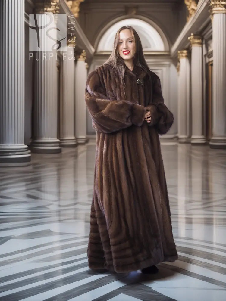 Mahogany mink fur coat front view with stand collar and long, draped shape