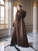 Mahogany mink fur coat with stand collar, back view, and full-length skirt