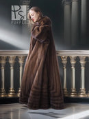 Mahogany mink fur coat, side back view with long skirt and wide fur shoulders