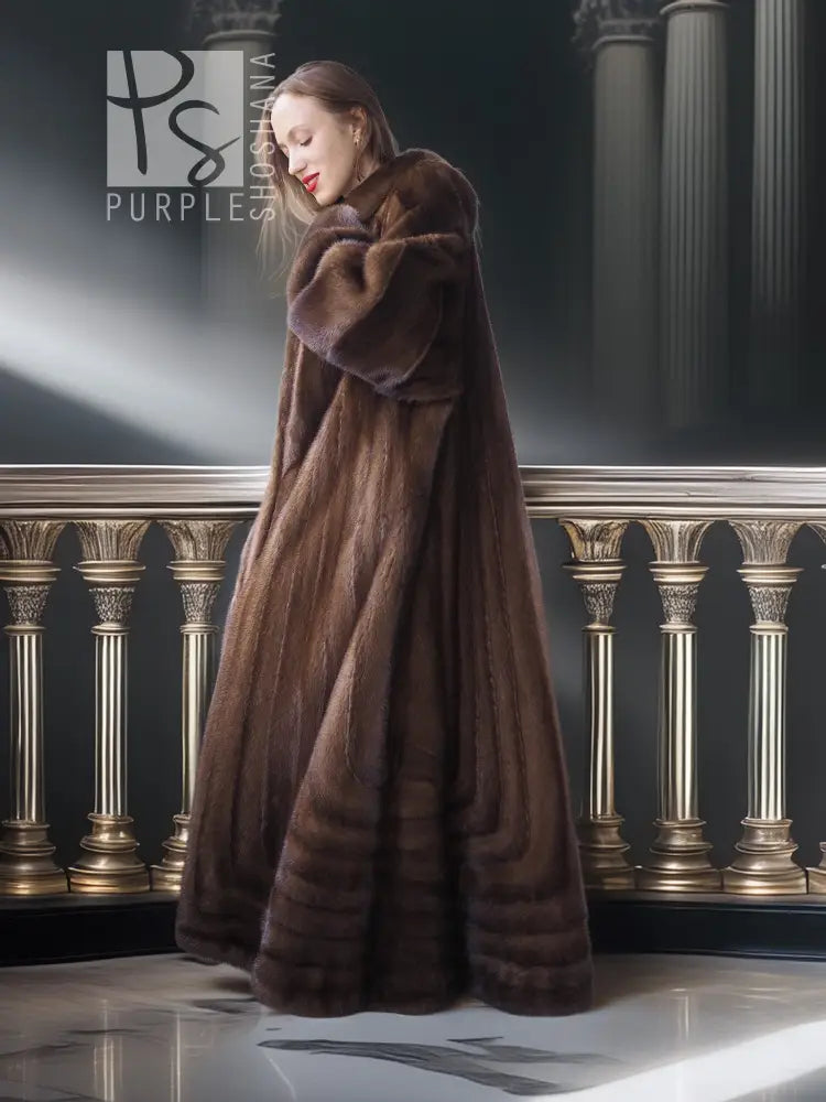 Mahogany mink fur coat, side back view with long skirt and wide fur shoulders