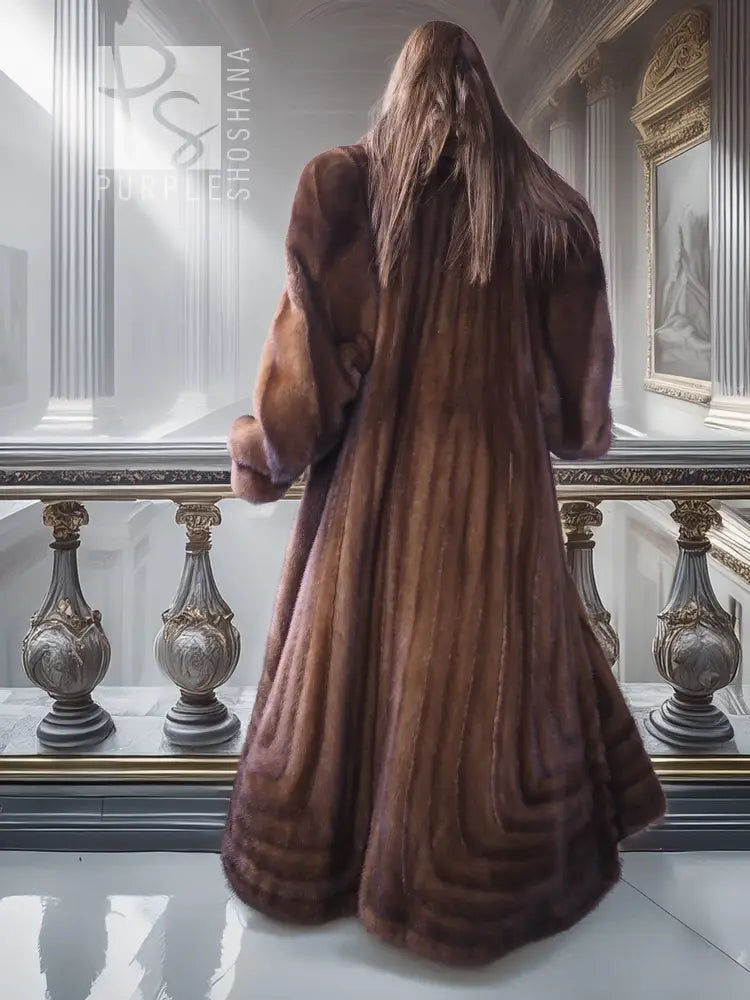 Mahogany mink fur coat back view with stand collar and full skirt length