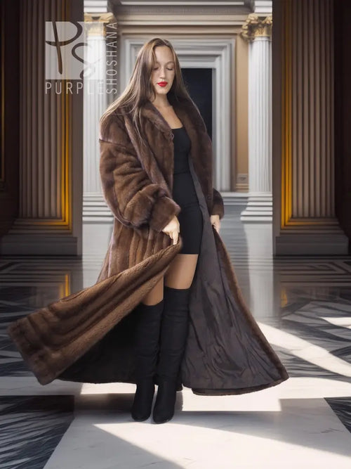Mahogany brown mink fur coat with open front, long sleeves, and flowing draped skirt.