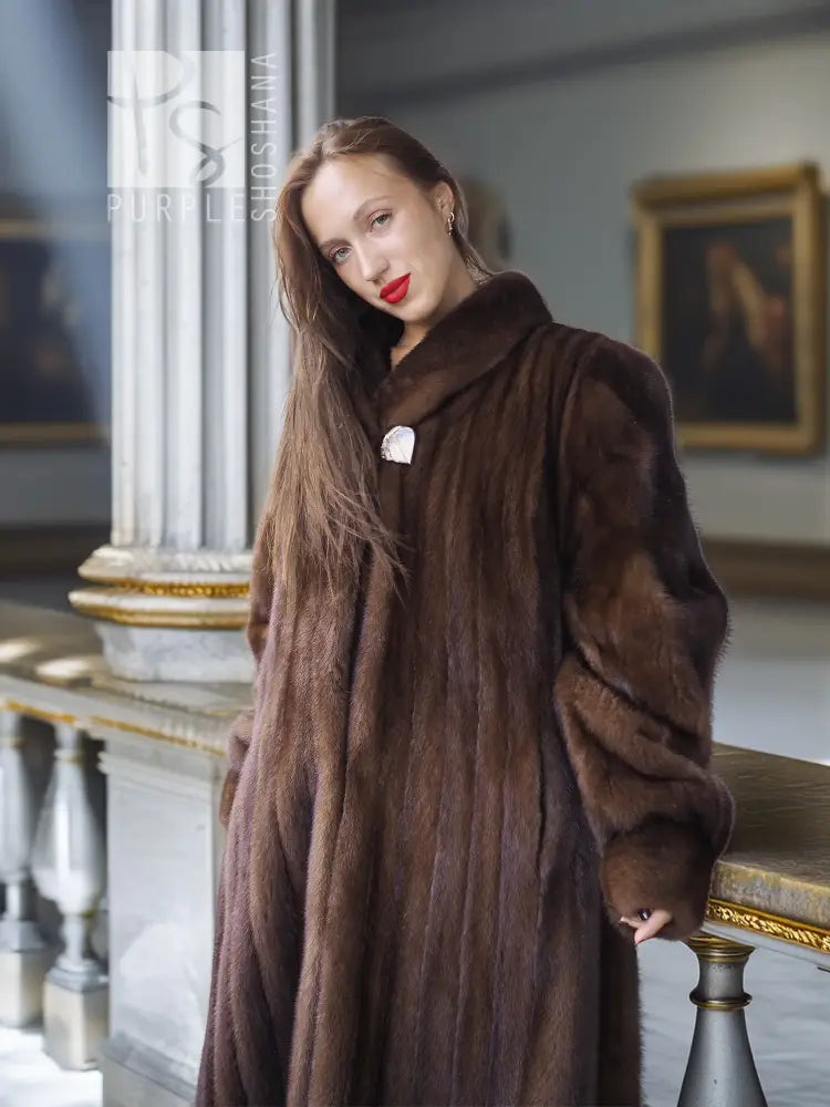 Mahogany mink fur coat close-up with stand collar and thick, textured fur