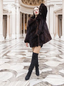 Dark brown fur coat with full, voluminous shape and wide fur collar, styled with black boots.