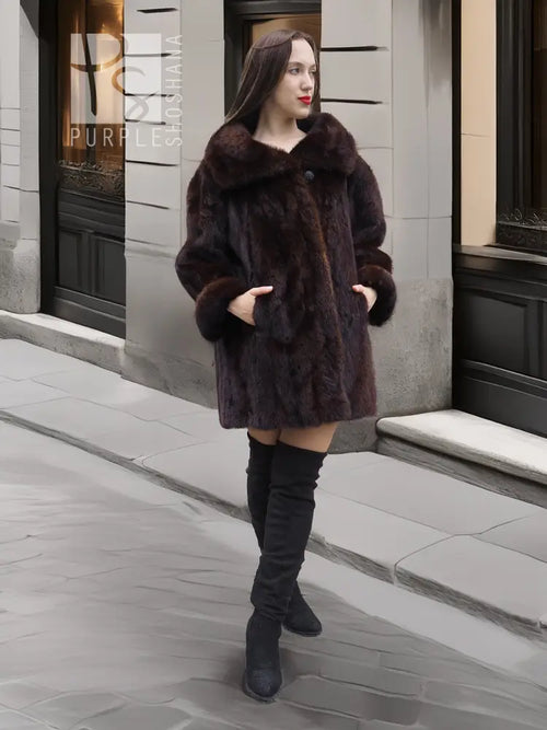 Dark brown mink fur coat with wide fur collar and front pockets, standing view