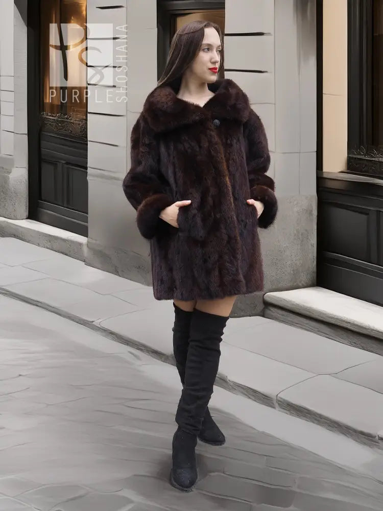 Dark brown mink fur coat with wide fur collar and front pockets, standing view