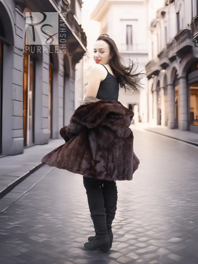 Dark brown mink fur coat with wide collar and flared hem, walking pose