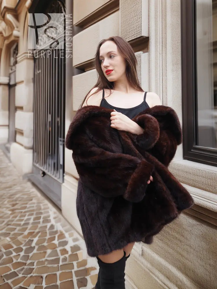 Mink fur opera coat with shawl collar and full sleeves, dark brown textured fur