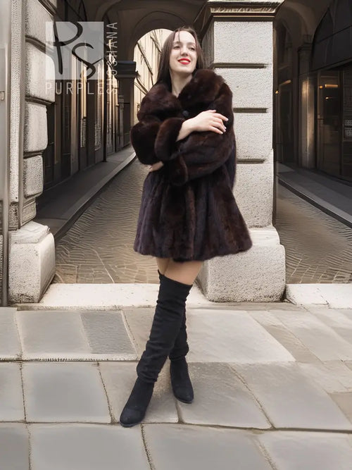 Mink fur opera coat with wide shawl collar and dark brown buttonless front