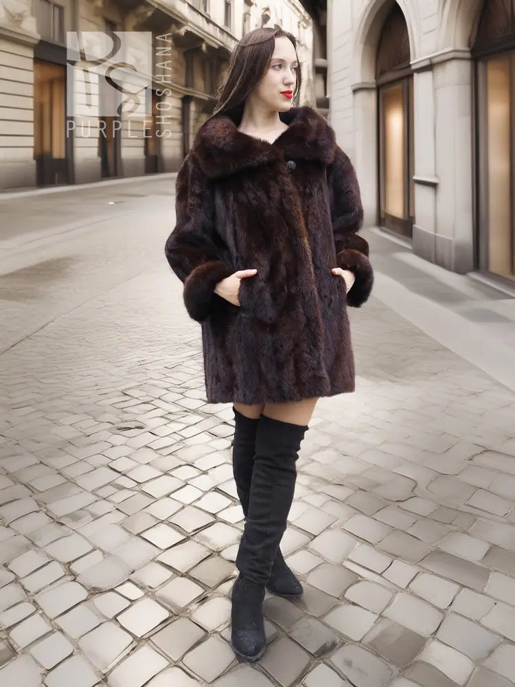 Dark brown fur coat with wide collar and textured fur body, worn with black knee boots.