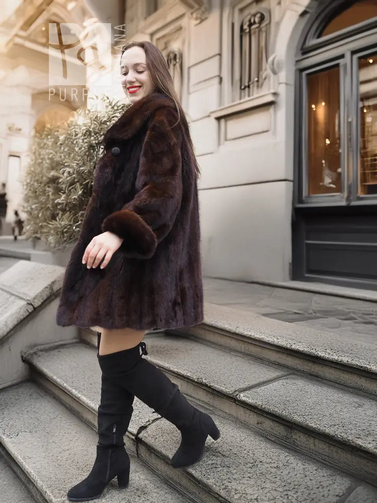 Mink fur coat with rounded cuffs, dark brown shawl collar and flared hem