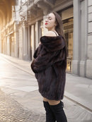 Mink fur short coat with layered shawl collar and dark brown A-line hem