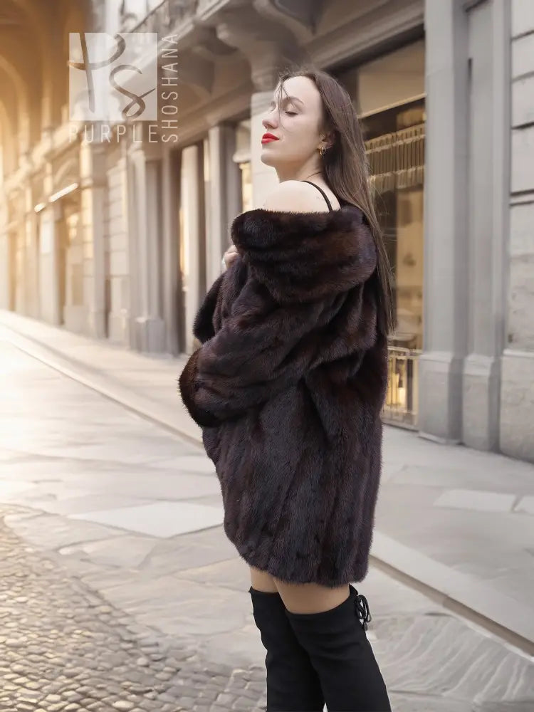 Mink fur short coat with layered shawl collar and dark brown A-line hem