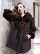 Dark brown fur coat with plush texture, wide collar, and black inner dress neckline.