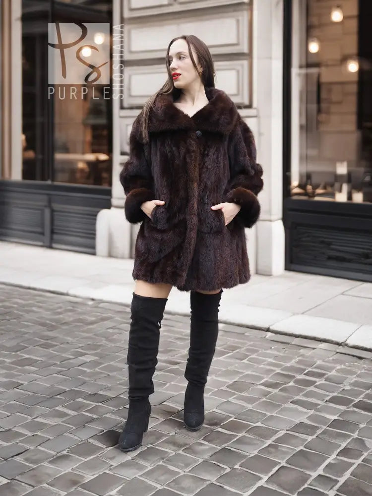 Dark brown mink fur coat with wide fur collar and button front, front view