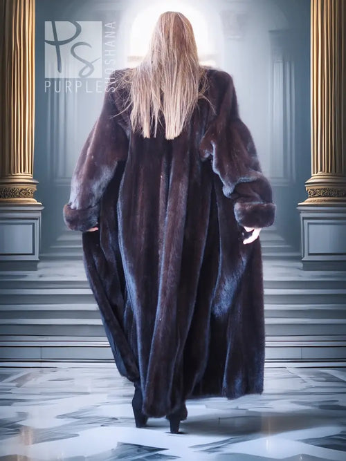 Black mink fur coat from back view with long sleeves