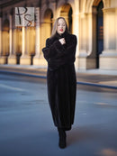 Dark mink fur long coat with fold-back cuffs, tailored button front and collar