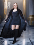 Black mink fur coat, draped open front and long sleeves over a dress