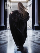 Black mink fur coat, hooded back view with full-length sleeves
