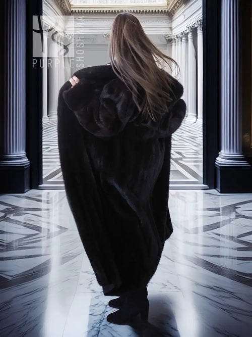 Black mink fur coat, hooded back view with full-length sleeves