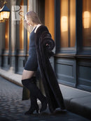 Dark mink fur coat with fold-back cuffs shown from side, long sleeves and hem