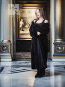 Dark mink fur long coat with fold-back cuffs and off-shoulder neckline detail