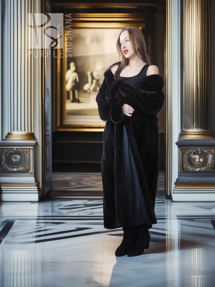 Dark mink fur long coat with fold-back cuffs and off-shoulder neckline detail
