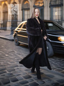 Dark mink fur coat with fold-back cuffs, button front, long sleeves and hem