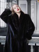 Dark mink fur coat with fold-back cuffs, open collar detail and long sleeves