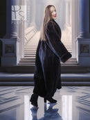 Black mink fur coat, side view, with fold-back cuffs