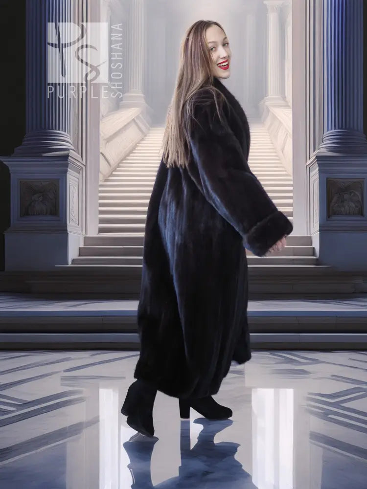 Black mink fur coat, side view, with fold-back cuffs