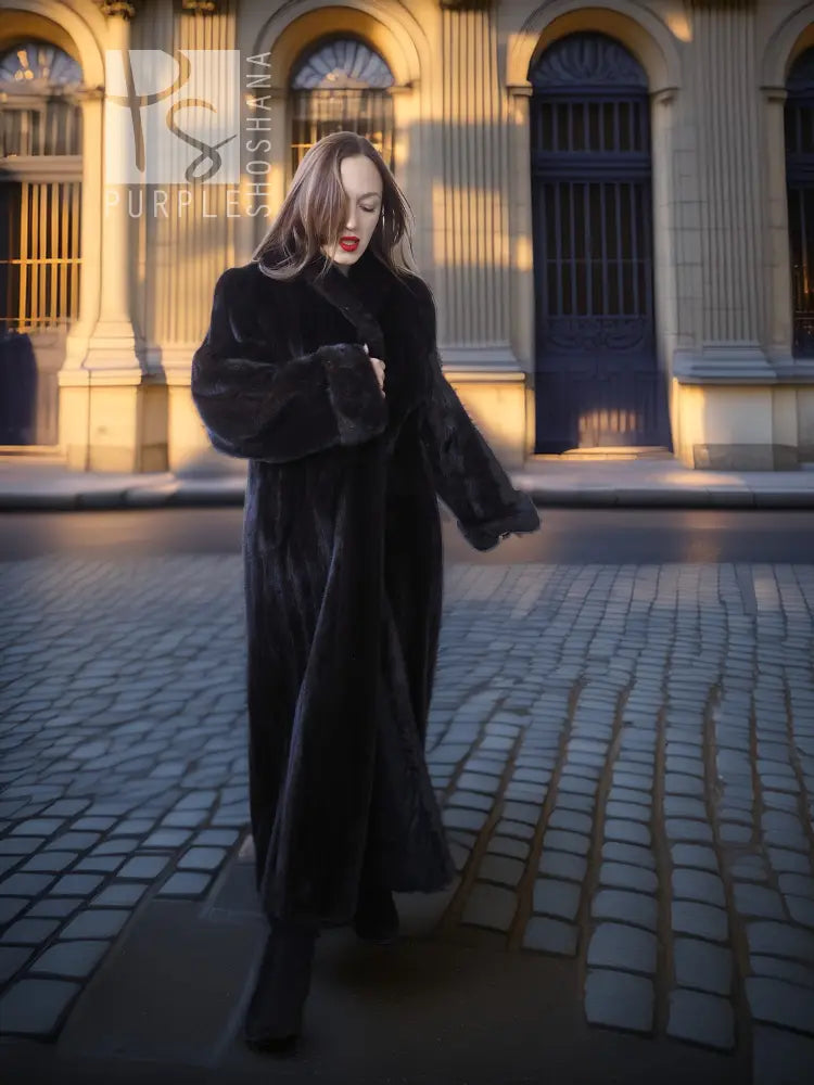 Dark mink fur coat with fold-back cuffs, long hem, button front and collar